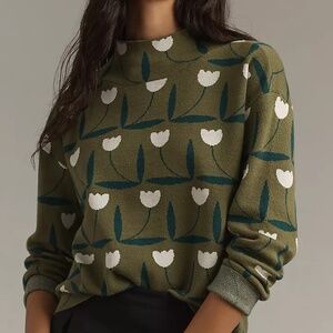 Anthropologie Green Floral Sweater